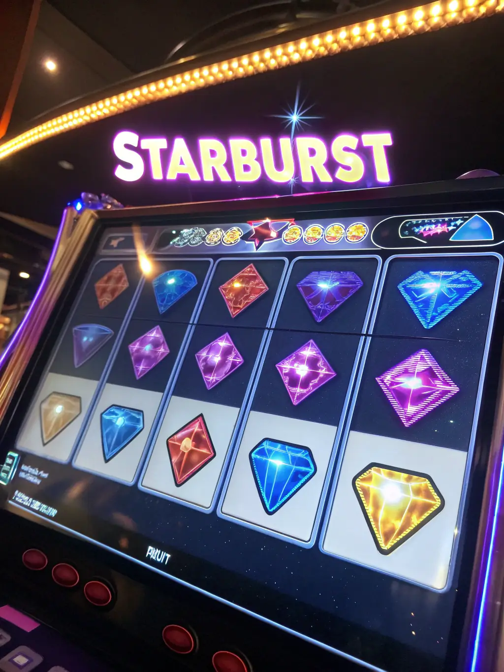 A visually appealing image of the 'Starburst' online slot game, highlighting its colorful gems, expanding wilds, and arcade-style gameplay, emphasizing its simplicity and frequent payouts.