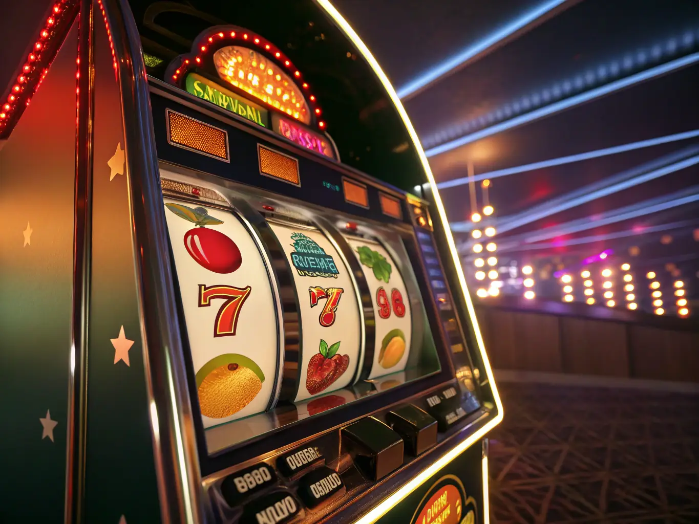 An image of a classic fruit slot machine with the reels spinning and a 'Free Play' banner overlayed.